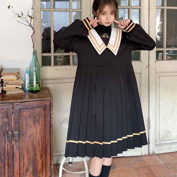 

japanese harajuku spring autumn women cute dress preppy style elegant pleated gothic sailor collar black embroidery casual dresses, Black;gray