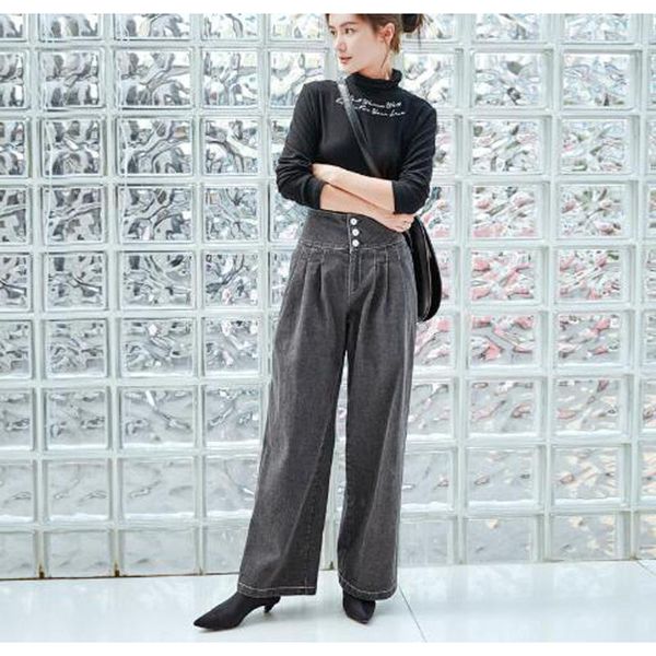 

women waist denim jeans loose pants high-waist wide-leg woman bottom women's, Blue