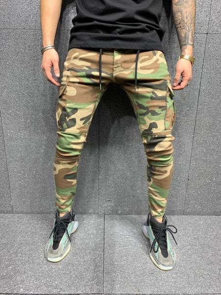 

men's jeans fashion elastic small foot camouflage overalls high waist pants mens street wear, Blue