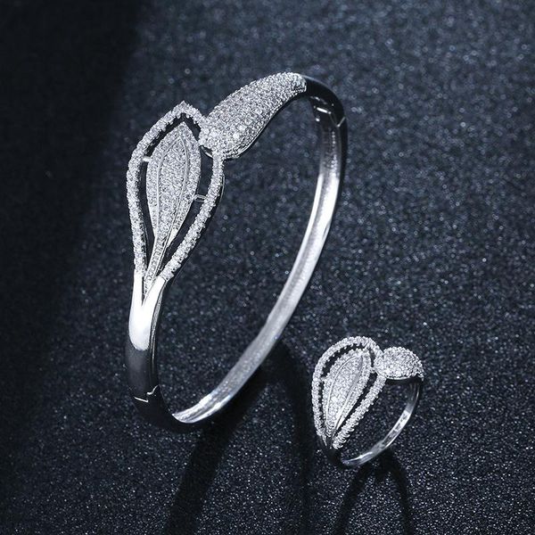 

earrings & necklace hibride leaf shape bangle&ring 2pcs jewelry set cubic zirconia dubai luxury bangle for women wedding party n-1866, Silver