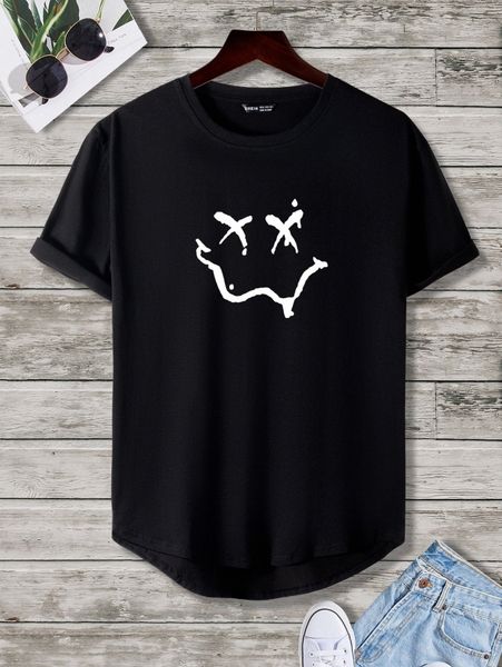 

men cartoon face print high low hem tee h3rc#, White;black