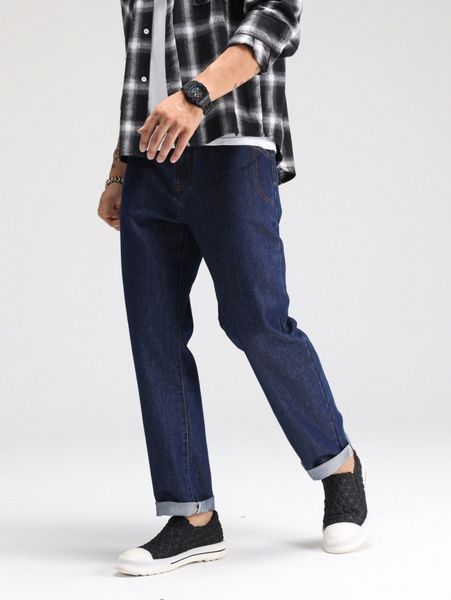 

men slant pocket straight leg jeans f3z2#, Blue