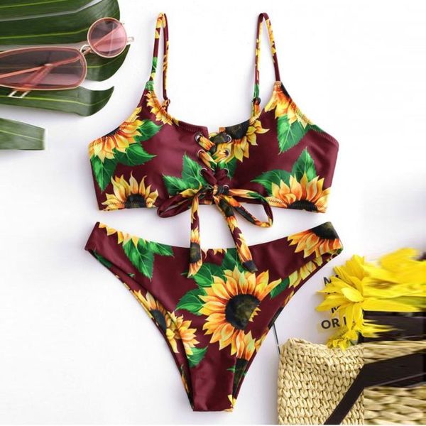 

women's swimwear swimming suit for women bikini 2021 mujer sunflower print bandage bikinis set femme maillot de bain padded bra swimsui, White;black