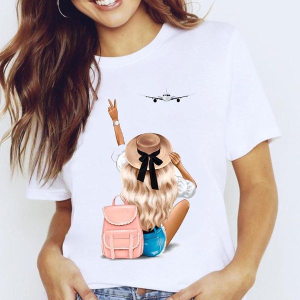 

women's t-shirt women graphic travel vacation sweet fashion trend cute printing cartoon lady clothes tees print female tshirt, White
