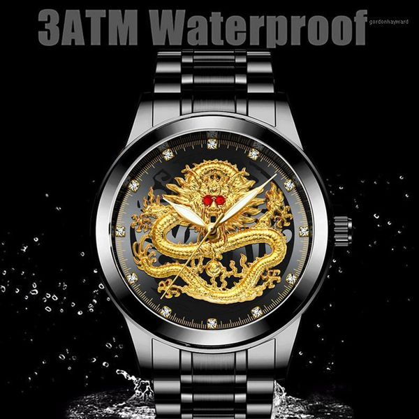 

men's business golden dragons watch non-mechanical waterproof suitable for middle-aged men a66 wristwatches, Slivery;brown