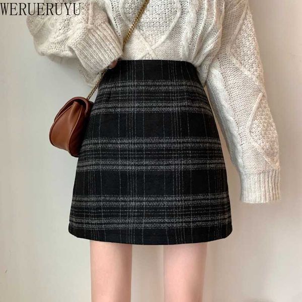 

werueruyu college wind skirt autumn and winter women's students retro plaid a word short skirt high waist bag hip skirt 210608, Black