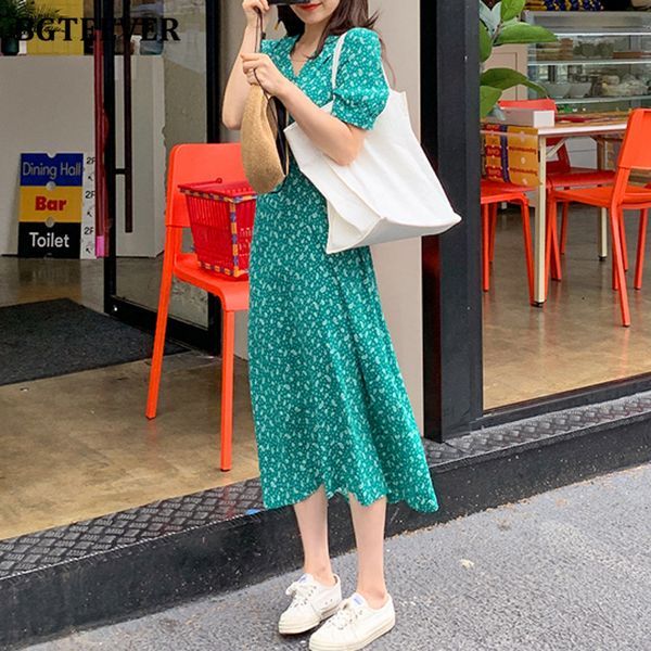 

dresses 2021 vintage green summer women v-neck short sleeve print female dress new casual loose mid-calf vestidos 5qsn, Black;gray
