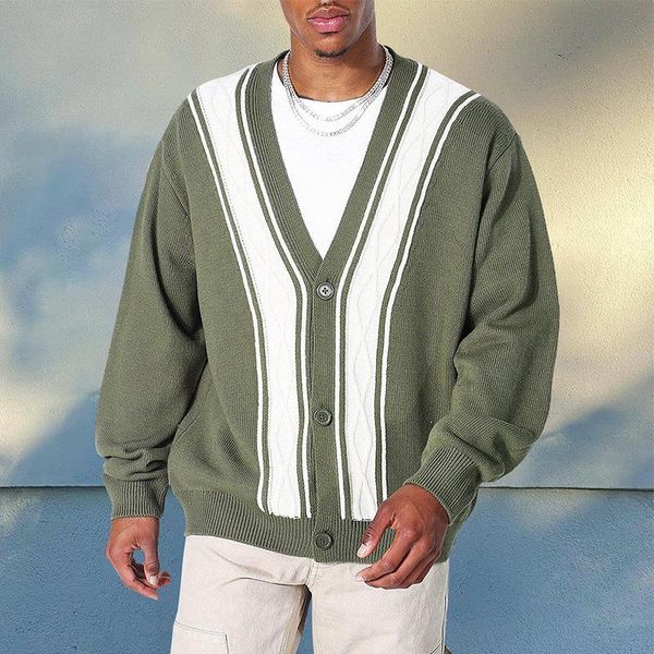 

men's sweaters autumn fashion stitching mens longsleeve knitted cardigan jacket casual v-neck button sweater winter loose for men, White;black