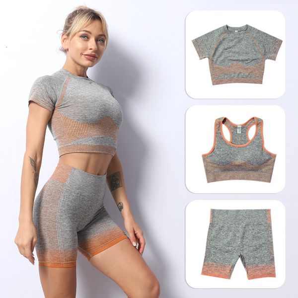 

yoga suit summer quick drying clothes sports vest stripe seamless fitness short sleeve shorts, Gray