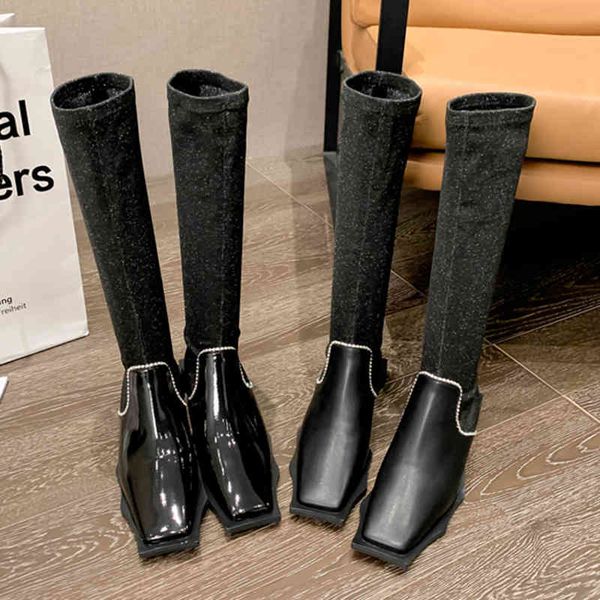 

2021 digner women black low heels thigh high boots winter stretch fabric long patent leather bling sho