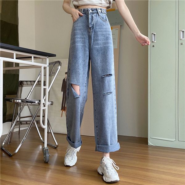 

women's jeans female jeans torn waist high-legged broad-legged clothes denim vintage streetwear quality fashion harajuku slacks straigh, Blue
