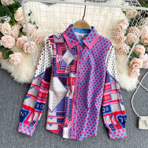 

french retro hong kong flavor lapel long sleeve geometric pattern polka dot print large size shirt 210525, White