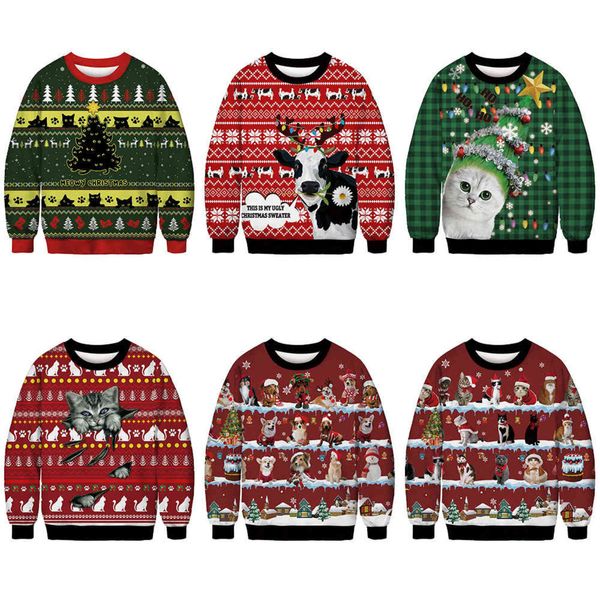 

2021 ugly christmas sweater cat print funny christmas fake hair jumper sweat shirt men women autumn winter sweatshirt y1118, White;black