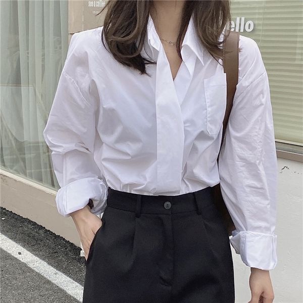 

women's blouses & shirts white new arrival all match pockets chic sweet loose oversize streetwear summer outwear full sleeves casu
