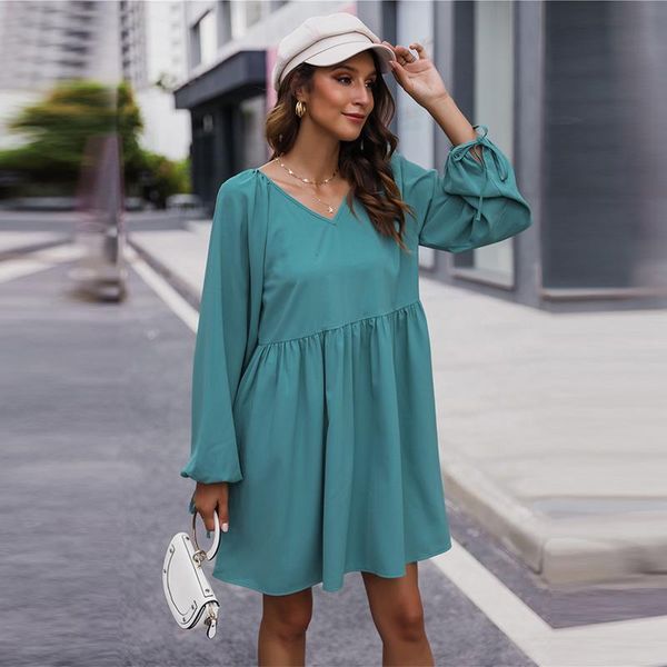 

casual dresses women lantern sleeve v neck above knee dress for autumn winter oversize solid, Black;gray
