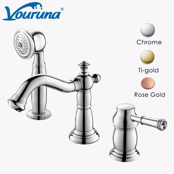 

holes bathroom basin mixer tap luxurious rose golden bathtub faucet with pullout side sprayer sink faucets