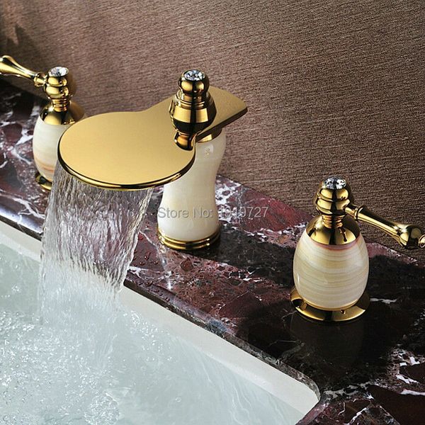 

bathroom sink faucets rushed contemporary luxurious golden style widespread dual lever deck mount 3 holes bath vessel 4n06