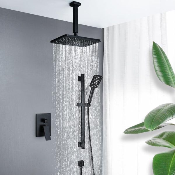 

bathroom shower sets concealed matte black square head wall mount solid brass rainfall hand faucets set
