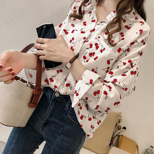 

women's blouses & shirts 40# lady cherry print turn-down collar pockets printing long sleeve lapel casual shirt blouse korean kaiwai, White
