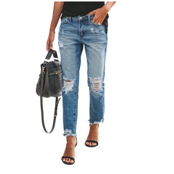 

women's jeans women high streetwear staight leg waist vintage denim cropped trousers fashion ripped ankle length ladies pants 6192, Blue