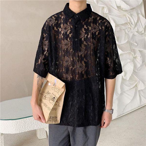 

summer party nightclub shirt men korean fashion loose casual streetwear mesh cloth flower short-sleeved men's shirts, White;black