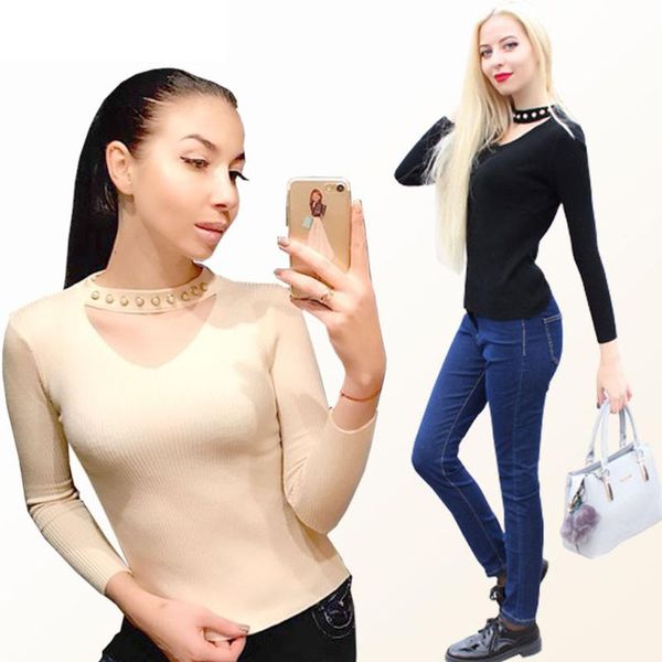 

women's sweaters pullover sweater cotton 2021 spring gothic long sleeve tight-fitting slim with diamond hollow out black, White;black