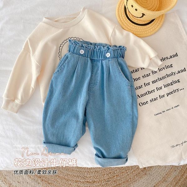 

trousers 2021 autumn kids front button boys jeans casual girls denim pants, Blue
