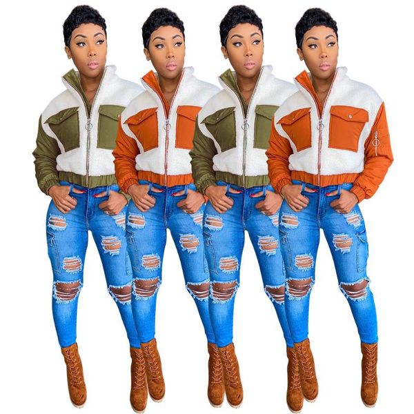 

cm.yaya women winter long sleeve patchwork zipper up jackets streetwear fashion coat women's, Black;brown