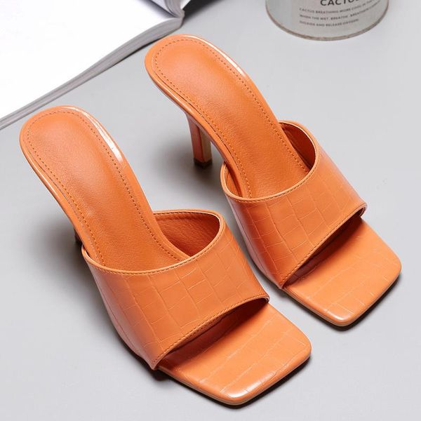 

women orange high heels slippers mules open toe vintage stiletto plaid slides outdoor big size 42 shoes, Black