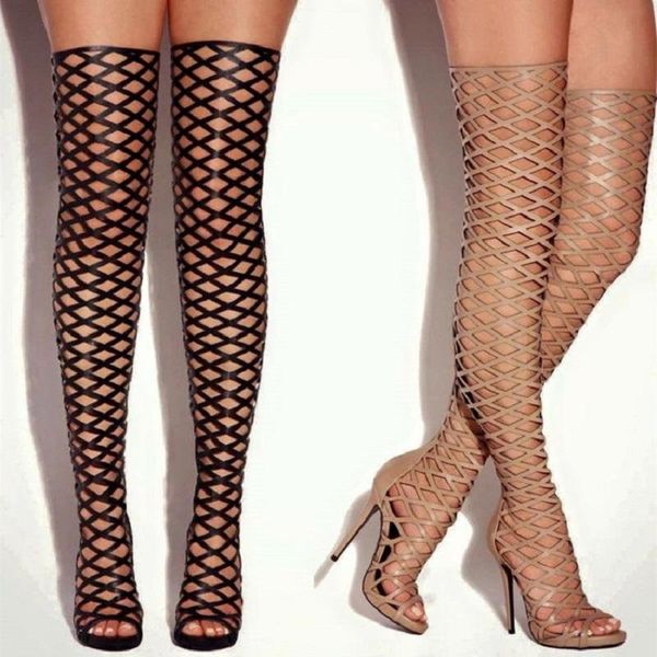 

handmade ladies thigh high sandals cross-straps cut-out club summer shoes stiletto fashion evening, Black