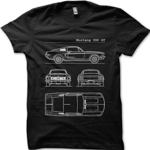 

steve mcqueen mustang 390gt blueprint bullitt printed cotton t-shirt 9037, White;black