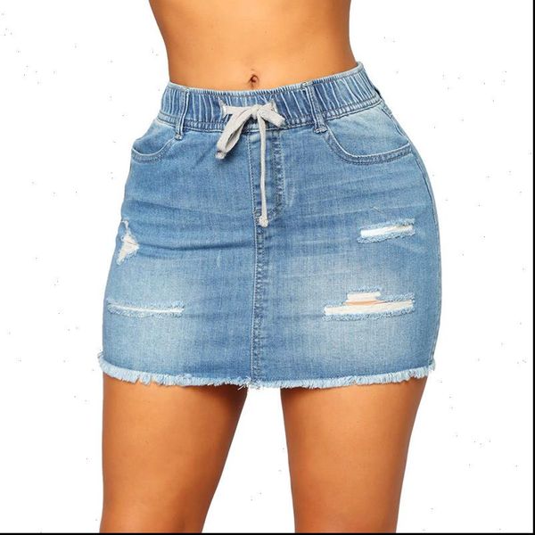 

lacing stretch denim women skirt high waist ripped bodycon mini jean d88, Black