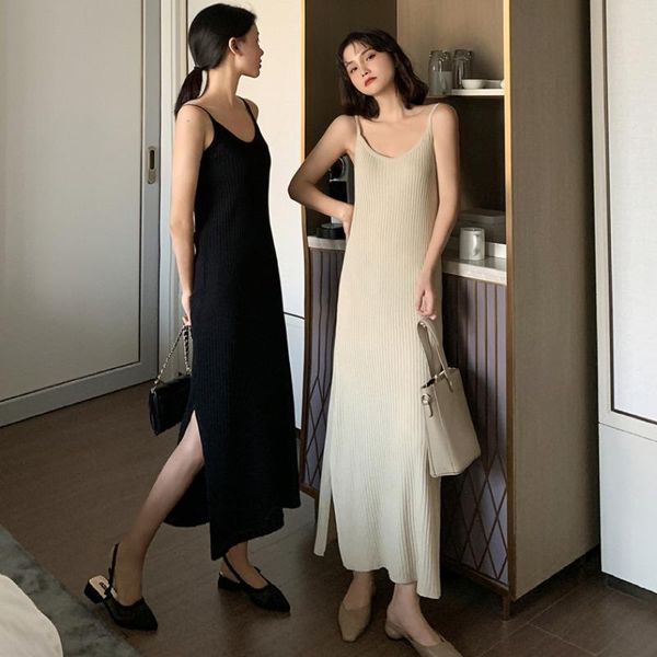 

casual dresses early spring 2021 niche v-neck suspender dress women's thin temperament medium length knitted bottomed, Black;gray
