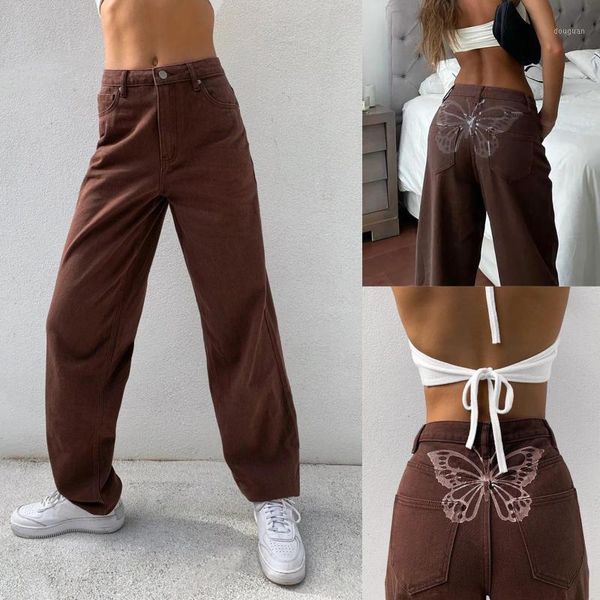 

women's pants & capris women loose streetwear embroidered straight wide leg butterfly printed trousers jeans, Black;white
