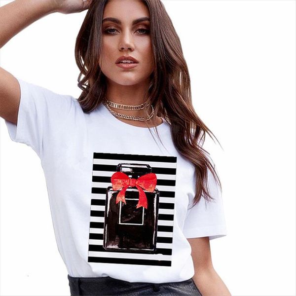 

perfumer floral stripe summer fashion women streetwear vogue tee casual clothing, White