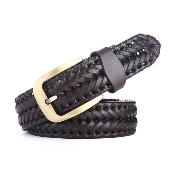

belts men women classic soft hand knitted handmade casual woven retro jeans belt buckle durable leather, Black;brown