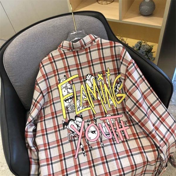 

style ch shorts bf cartoon crochin back print loose versatile plaid coat sanskrit cross shirt 9sik, White;black