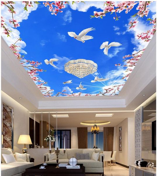 3D-Wandbilder Tapete für Wohnzimmer Deckenwande mit blauem Himmel und weißen Wolkendecken