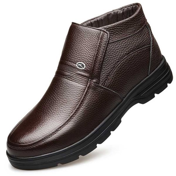 

man's genuine leather boots winter snow shoes wool inner anti slip father ankle boots 45 waterproof man snow boots 211106, Black