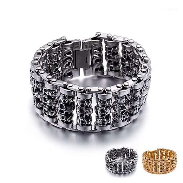 

punk 316 stainless steel multiple skull heads charm bracelets for men biker hand chain bracelet drop shipping jewelry1, Golden;silver