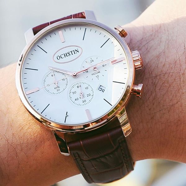 

wristwatches 2021 ochstin men's watches casual fashion chronograph/30m waterproof/sport men leather wristwatch mens reloj hombre, Slivery;brown
