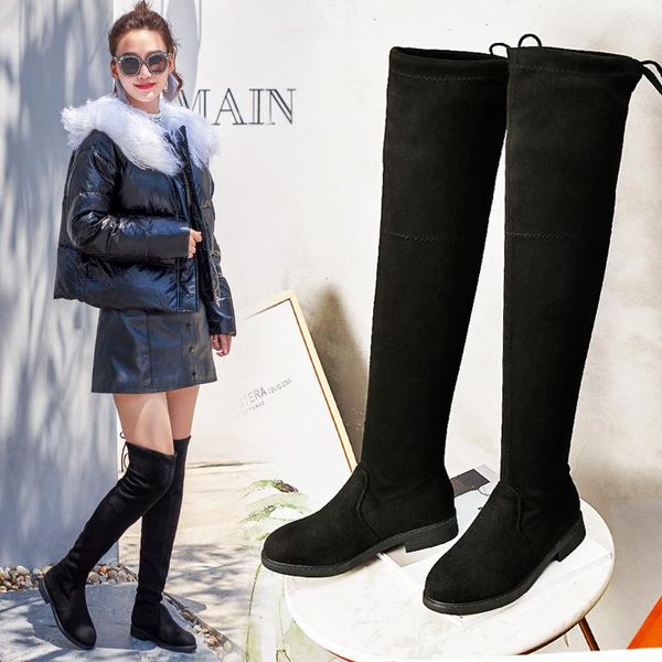 

boots 2021 flock leather women over the knee lace up flat shoes winter warm, Black