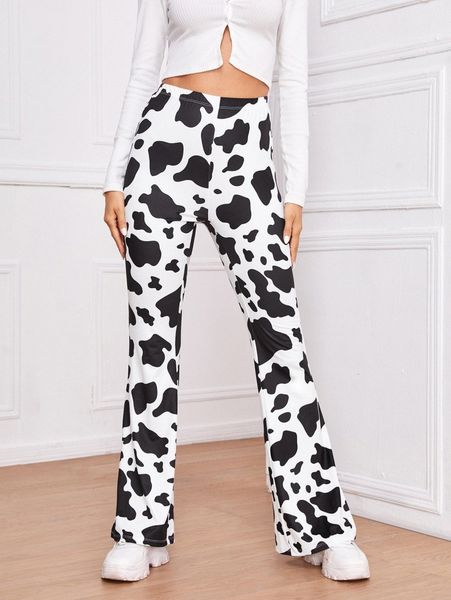 

cow print high-rise flare pants s5mp#, Black;white