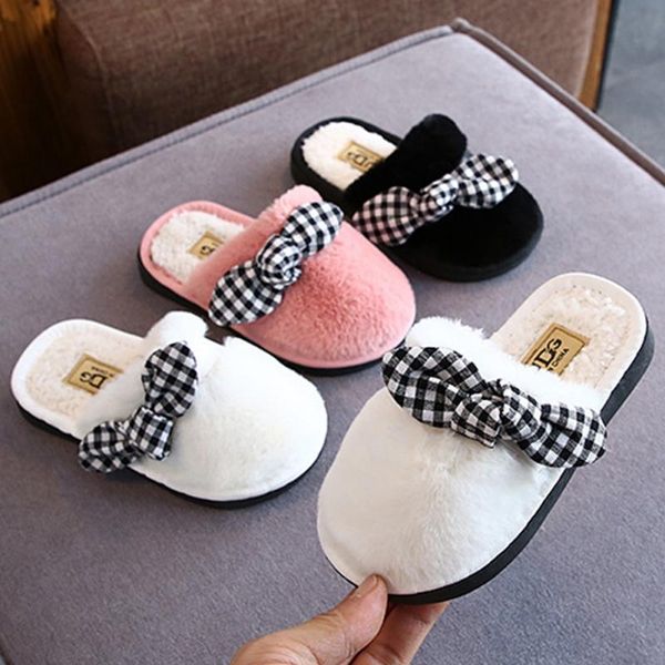 

slipper kid winter children slippers boys girls cute bow solid color soft bottom indoor outdoor warm home cotton shoes, Black;grey