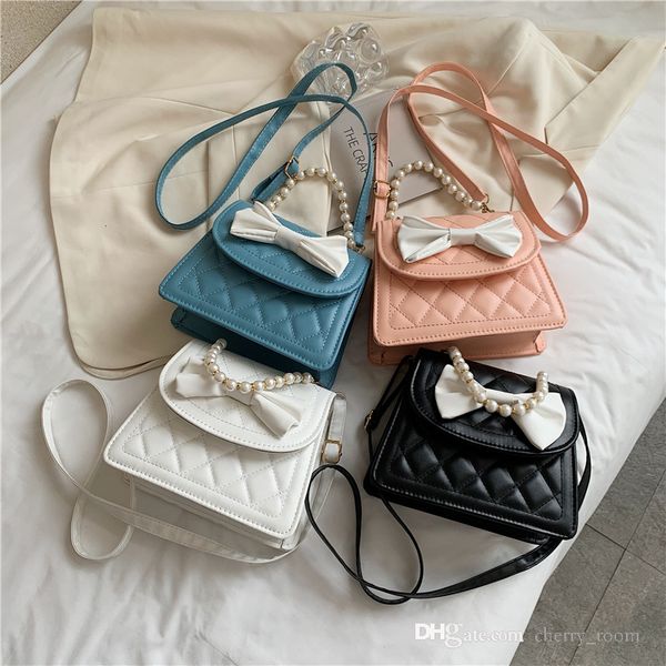 

fashion children mini handbag kids bowknot single shoulder crossbody bag girls pearl chain small square bags cute woman change purse f541, Black