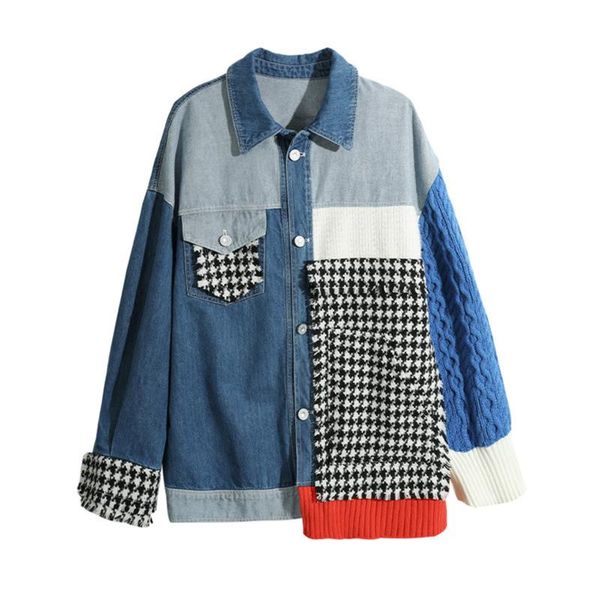 

women's jackets women queen panel spring autumn sleeve coats knit coat blue [ewq] fringe jacket navy clothing plaid loose trendy denim, Black;brown
