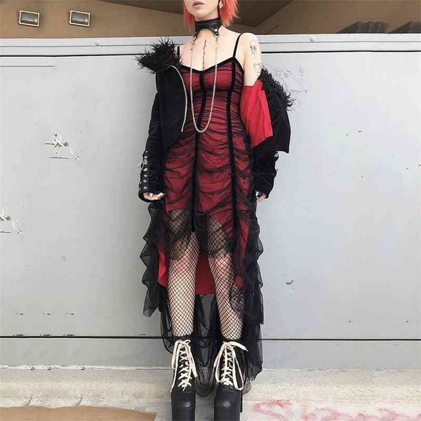 

rosetic gothic mesh pleated strap dress women dark girl summer red black irregular patchwork designer long dresses 210323, Black;gray