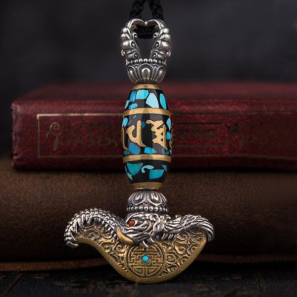 

chains six-character mantra pendant necklace dzi bead rotating tibetan inlaid jewelry accessories, Silver