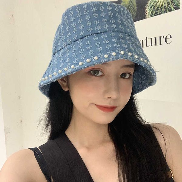

new net red pearl denim bucket hat fisherman's hat children's autumn and winter sunscreen basin sunshade, Blue;gray