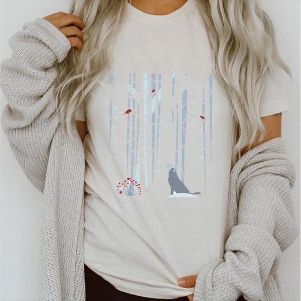 

graphic fox animal forest casual womens t shirt 90s spring summer printing clothes clothing tees print female, White